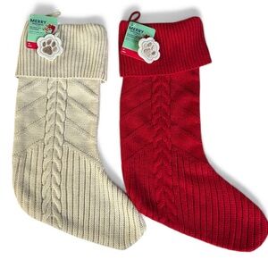 2 Cable Knit Christmas Dog Stockings